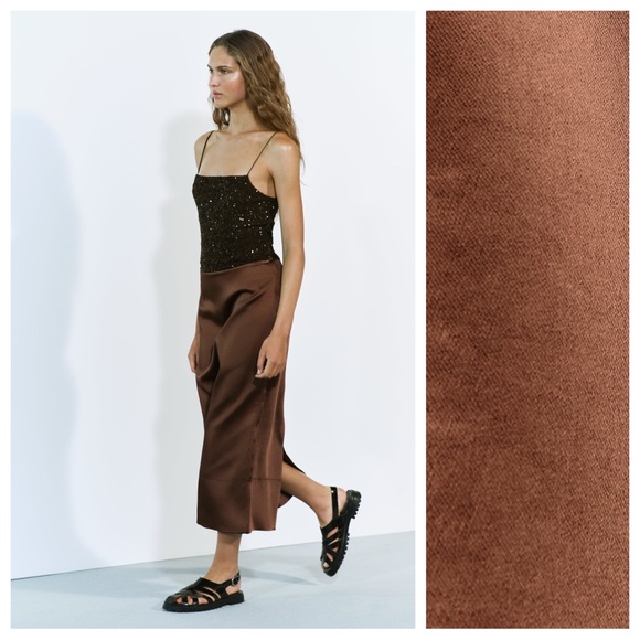 NWT. Zara Brown ZW Collection Satin Effect Midi Skirt. Size M. - Picture 2 of 11